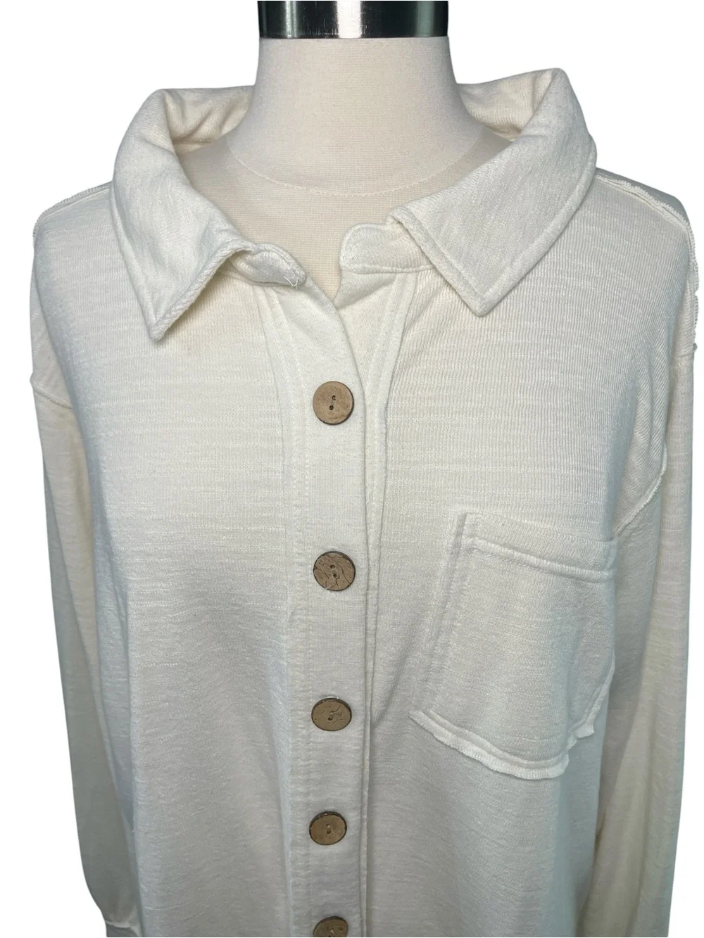 Cream Button-Front Collared Shirt Jacket - Picture 5 of 8